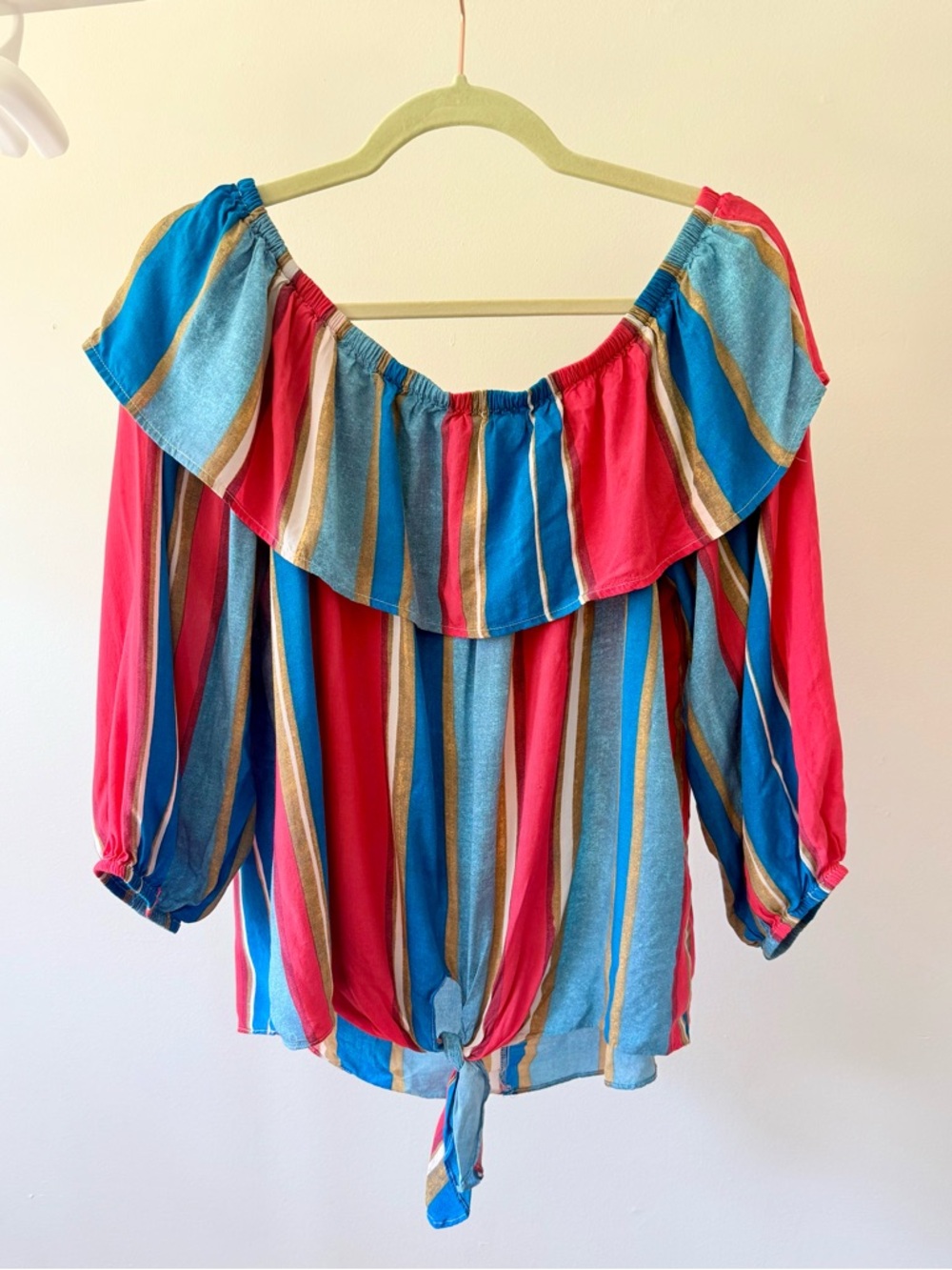 Entro Striped Tie Front Off-Shoulder Blouse